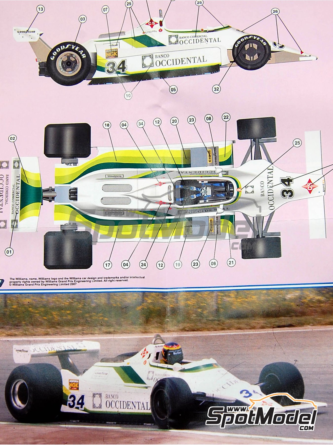 Williams Ford FW07 Williams Grand Prix Engineering Team sponsored by Ram  Racing - Banco Occidental - Spanish Formula 1 Grand Prix 1980. Car scale  mode